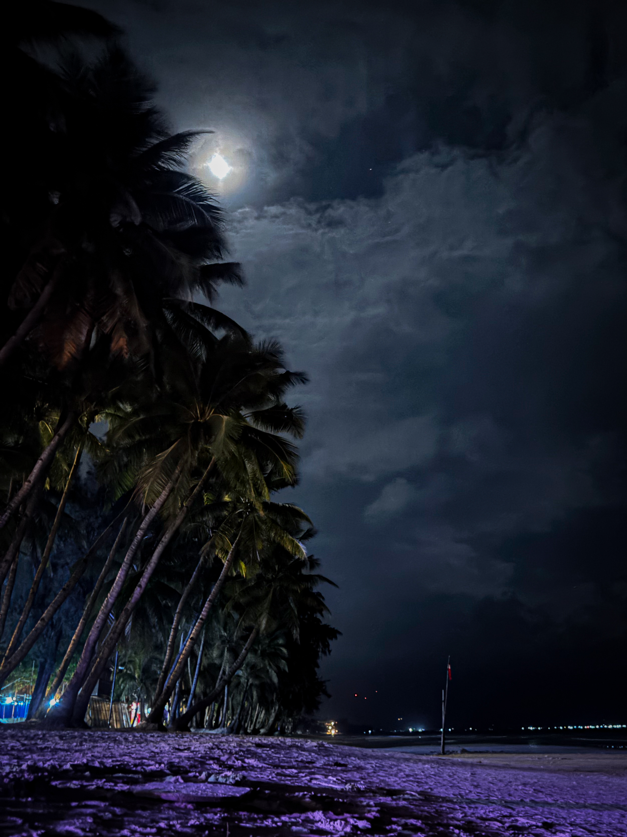 Boracay beach at night with palm trees and neon lights
